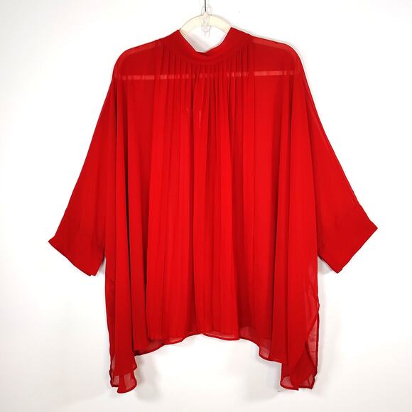 Zara Tops - Zara Studio Sheer Tie Back Mock Neck Blouse Blood Red Asymmetrical Hem M